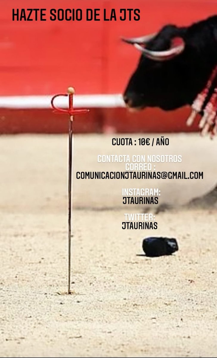 🗯️🗯️
HAZTE SOCIO DE LA JTS 
CUOTA : 10€ / AÑO

👀👀
¿Cómo contactar con nosotros ?

✉️ Correo: comunicacionjtaurinas@gmail.com
📸 Instagram : 
jtaurinas
🐦 Twitter :
JTaurinaS

Agradecemos difusión. ¡Sois bienvenidos !