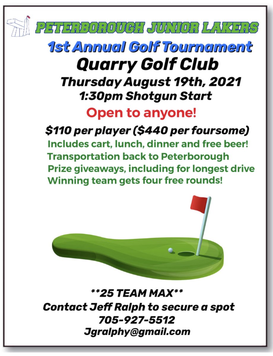PtboJrLakers's tweet photo. We are stoked to make this announcement; introducing the 1st Annual Peterborough Jr Lakers Golf Tournament at the @QuarryGolf!! 🏌️‍♂️ 

This tourney is open to our players, alumni and ANYONE else who wants join us for a fun day on the links! 🍻 

Contact Ralphy ASAP to lock it down! https://t.co/5ntaS5iBa5