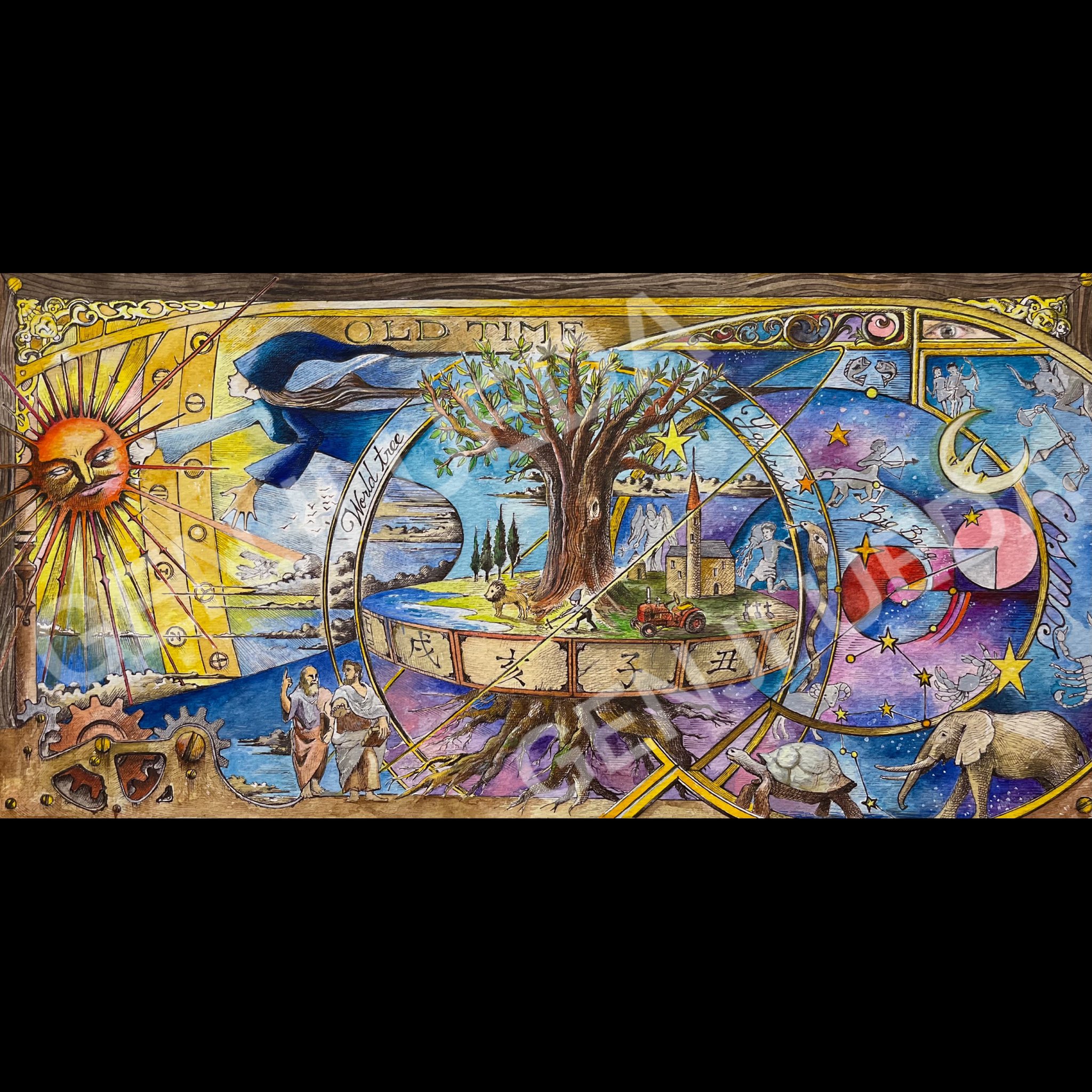 画家 植田言志 Artist つくば だいたい完成 I Finished Drawing It Almost 世界の成り立ち 神話の世界の想像図 タイトル Old Time です 2人の人物は紀元前400年頃のギリシャ哲学者 プラトンと アリストテレスです プラトンは