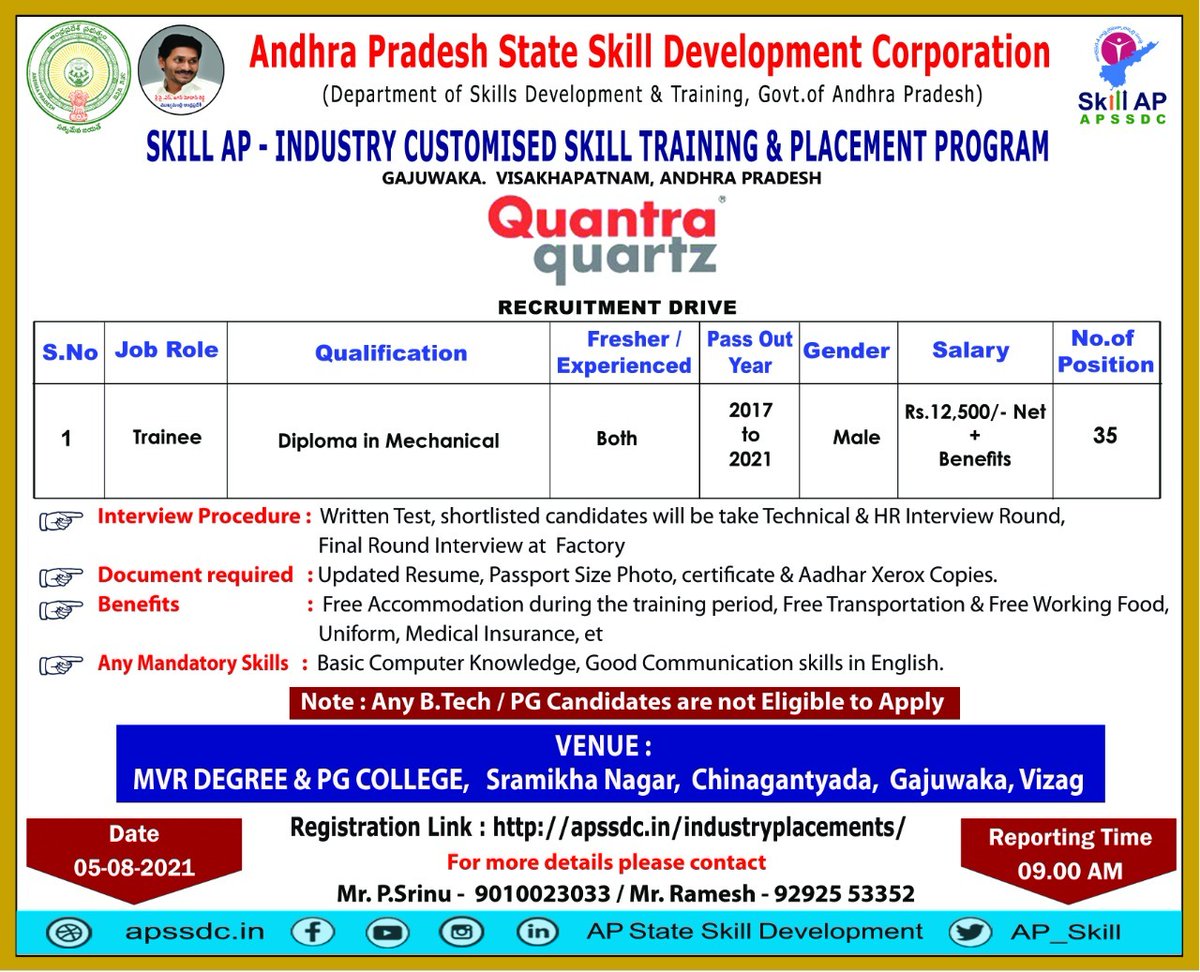 AP_Skill's tweet photo. @AP_Skill Collaborated with #QuantraQuartz to Conduct Industry Customized Skill Training & Placement Program @vizaggoap
Registration Link: https://t.co/XnrotfY4b3
Contact: Mr. Ramesh - 9292553352
Mr. P. Srinu - 9010023033 https://t.co/s4zStqUkiR