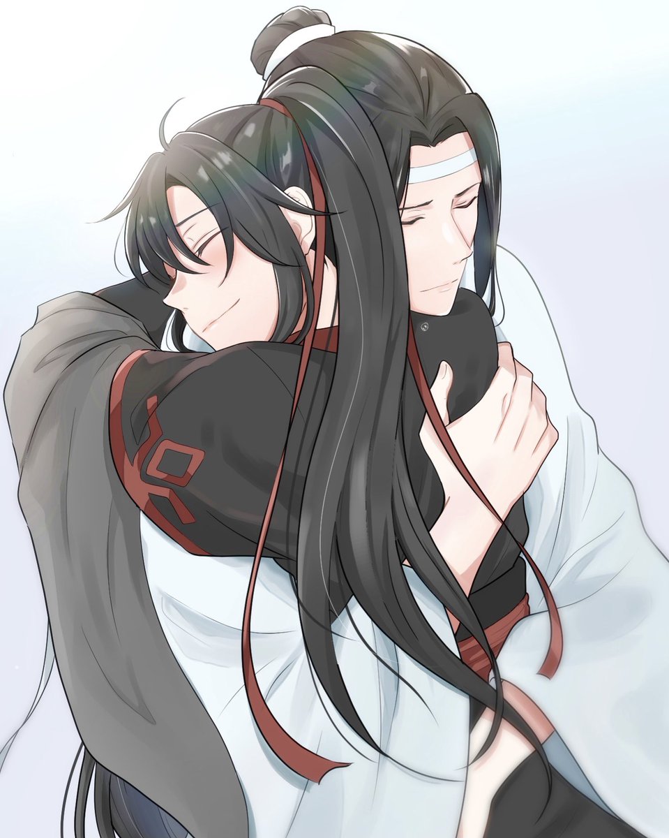 white headband hug long hair headband closed eyes black hair 2boys  illustration images