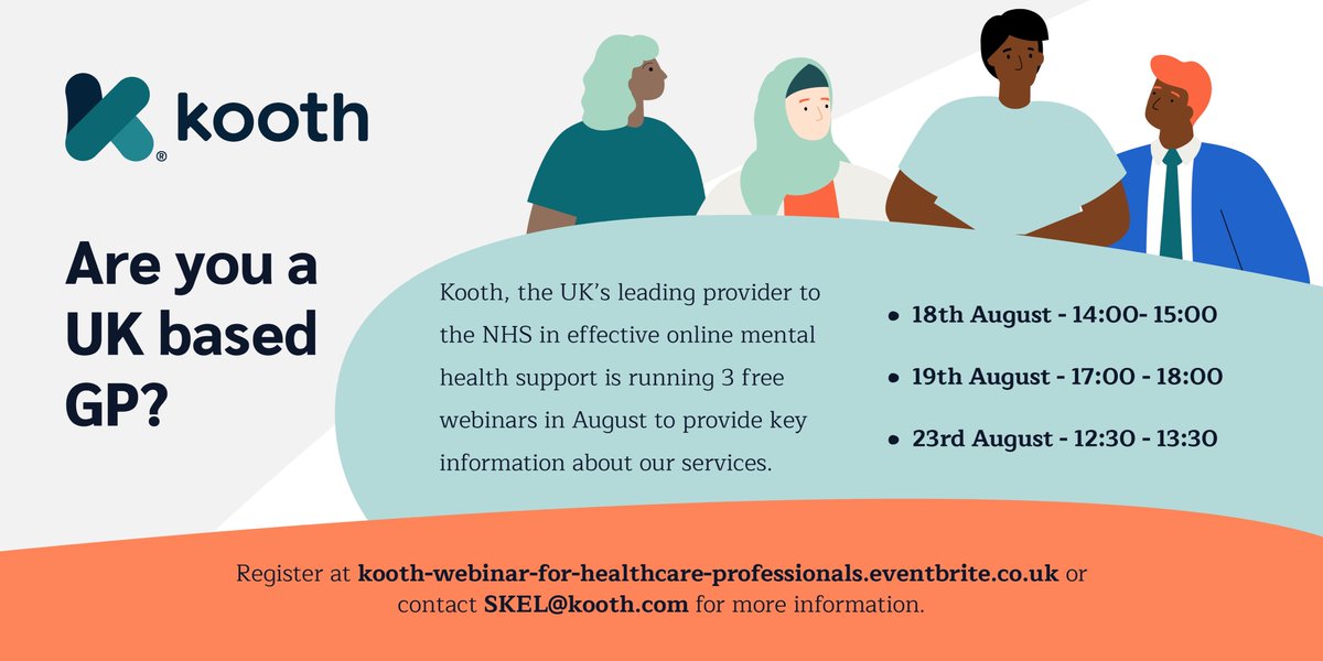 If you're a #GP or #healthcareworker ? Then why not register for our #Kooth GP Webinars to find out more about the service we offer. Please see poster below which provides details of how you can register and dates for upcoming #Kooth GP Webinars for August 2021 #mentalhealth
