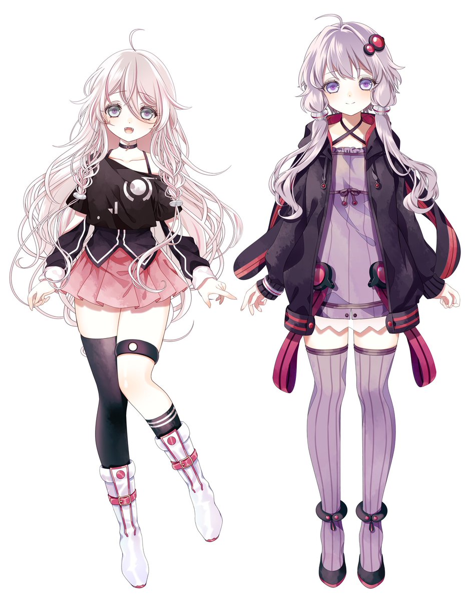 ia (vocaloid) ,yuzuki yukari 2girls multiple girls pink skirt thighhighs criss-cross halter purple eyes braid  illustration images