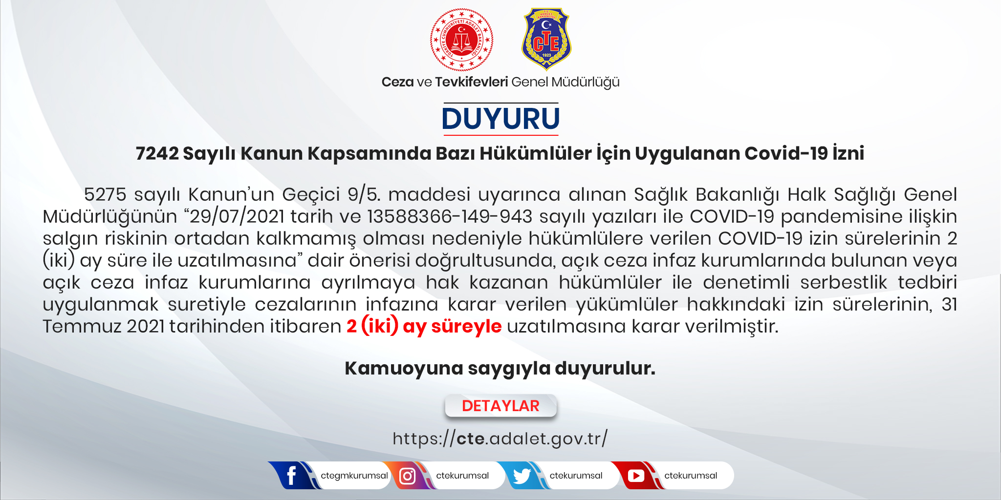 ceza ve tevkifevleri genel mudurlugu on twitter 7242 sayili kanun kapsaminda bazi hukumluler icin uygulanan covid 19 izni ile ilgili duyuru https t co 7yxmpaqdm1 https t co osqc1awd4h twitter
