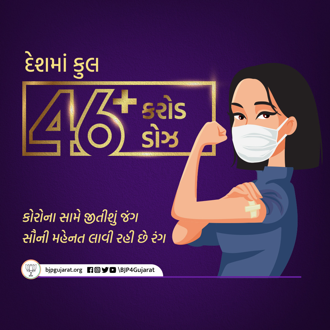 BJP4Gujarat's tweet image. 💉 દેશમાં કુલ 46 કરોડથી વધુ ડોઝ અપાયા

#IndiaFightsCorona 
#DoubleMaskUp 
#MaskUpIndia