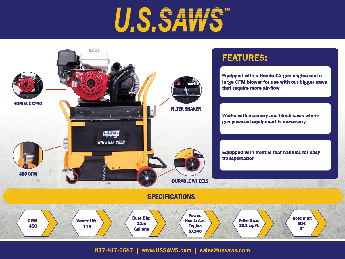 Our Ultra Vac 1250 Gas is IN STOCK &amp; ready to SHIP!
•
The industrial vacuum is equipped with a Honda GX gas engine and a large CFM blower for use with bigger machines that require more airflow. 
#ussaws #surfaceprep #gasvac #dustcollector #ductcollection #OSHA #hondaengine