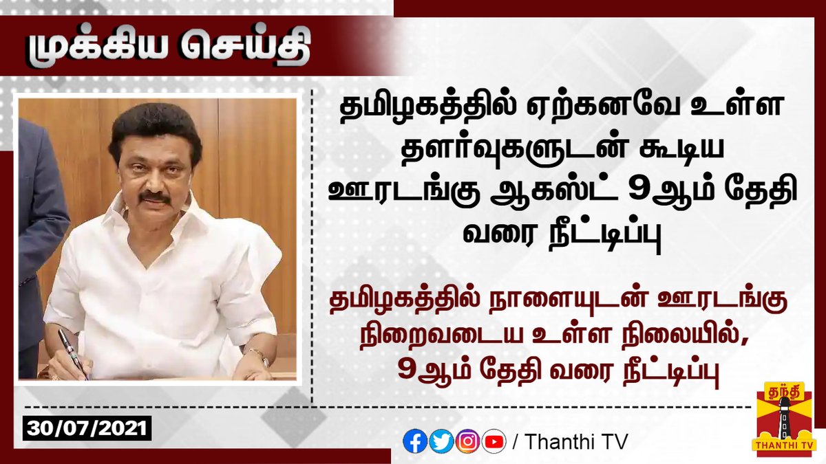 ThanthiTV's tweet image. #Breaking || தமிழகத்தில் ஏற்கனவே உள்ள தளர்வுகளுடன் கூடிய ஊரடங்கு ஆகஸ்ட் 9ஆம் தேதி வரை நீட்டிப்பு

தமிழகத்தில் நாளையுடன் ஊரடங்கு நிறைவடைய உள்ள நிலையில், 9ஆம் தேதி வரை நீட்டிப்பு
#LockdownExtension | #MKStalin