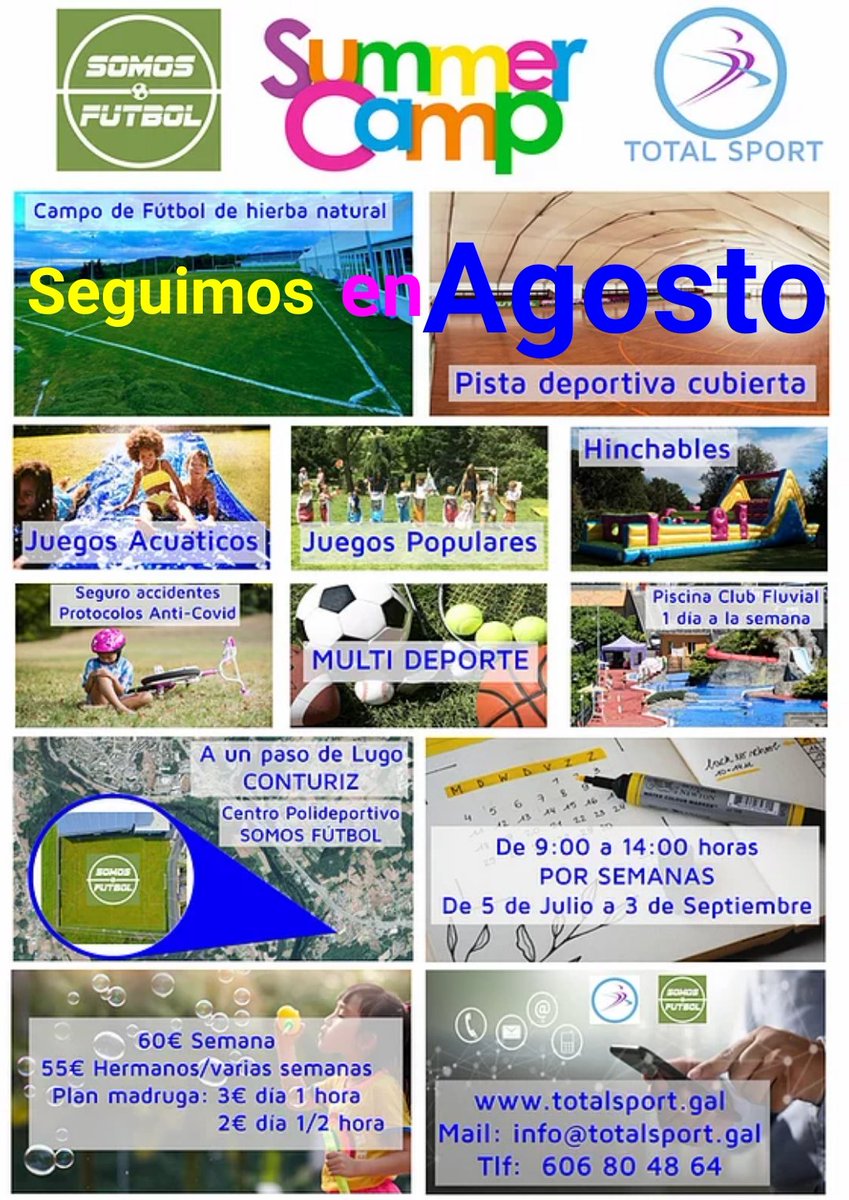 TotalSport_Lugo's tweet photo. Continuamos co campus en Agosto. Mañáns de diversión e deporte aseguradas para os pequenos da casa. https://t.co/WF5xFlHmD7 https://t.co/OdMpaIL3MY