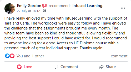InfusedLearn's tweet photo. Here is our latest Facebook review from Emily who has just completed the Access to HE Level 3 Diploma in #Humanities and #SocialScience and is off to university after accepting her first choice #university offer!  #feedback #friday #FeedbackFriday @aim_qag @QAAtweets https://t.co/eB7aD6lUwE