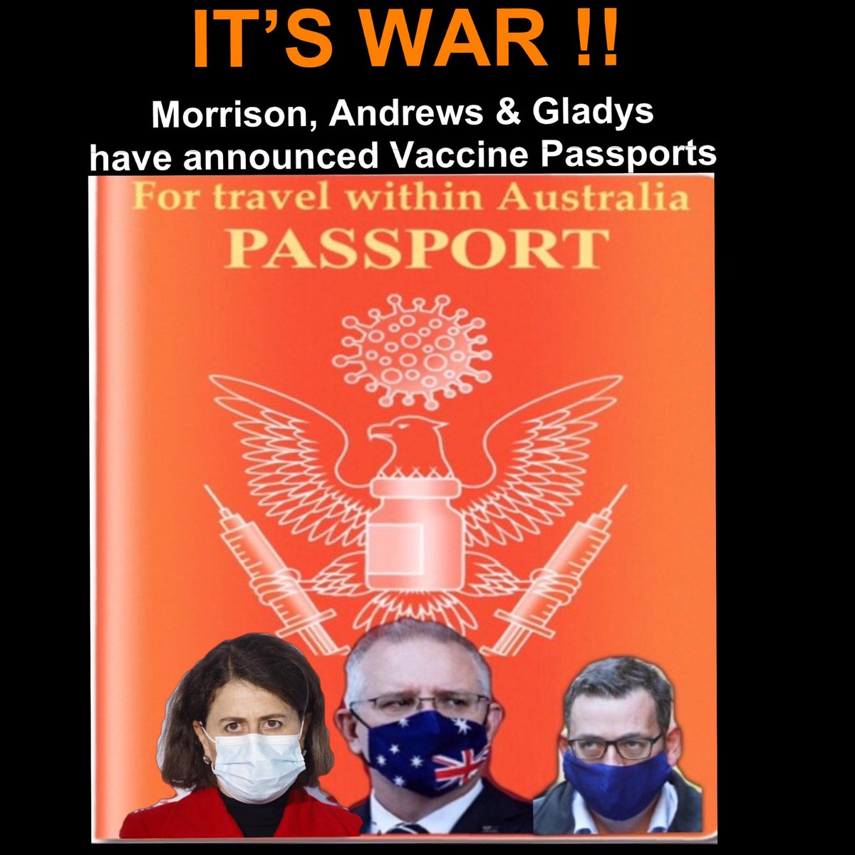 craigkellyAFEE's tweet image. WAR HAS BEEN DECLARED

Morrison, on behalf of the National Cabinet, has just announced those who exercise their free choice not to be injected with an experimental 💉 will be punished &amp;amp; have their freedoms restricted

This VIOLATES our Constitutional freedoms

WE MUST FIGHT THIS