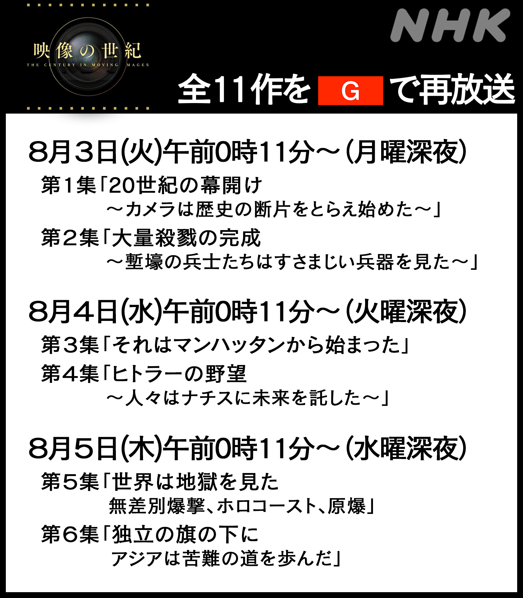 ｎｈｋスペシャル公式 On Twitter 映像の世紀 デジタルリマスター版 全11作を 8月2日 月曜深夜 より地上波 総合 で再放送 ムービーカメラの発明から100年あまり 映像は20世紀をいかに記録してきたのか 番組hp Https T Co Ralqin5d86 放送後は Nhkプラス