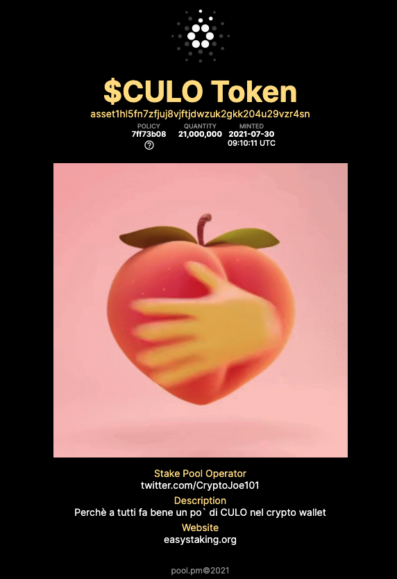 CryptoJoe101's tweet photo. Had some fun fixing up the 🍑 $CULO token metadata.

$CULO token is a #cardano #NativeAsset that I minted for fun as a joke few months back as an educational project for my delegators.

Now it also has its own animated gif.

See it alive: https://t.co/Mm6FvSluSc https://t.co/xNUDOSsITk