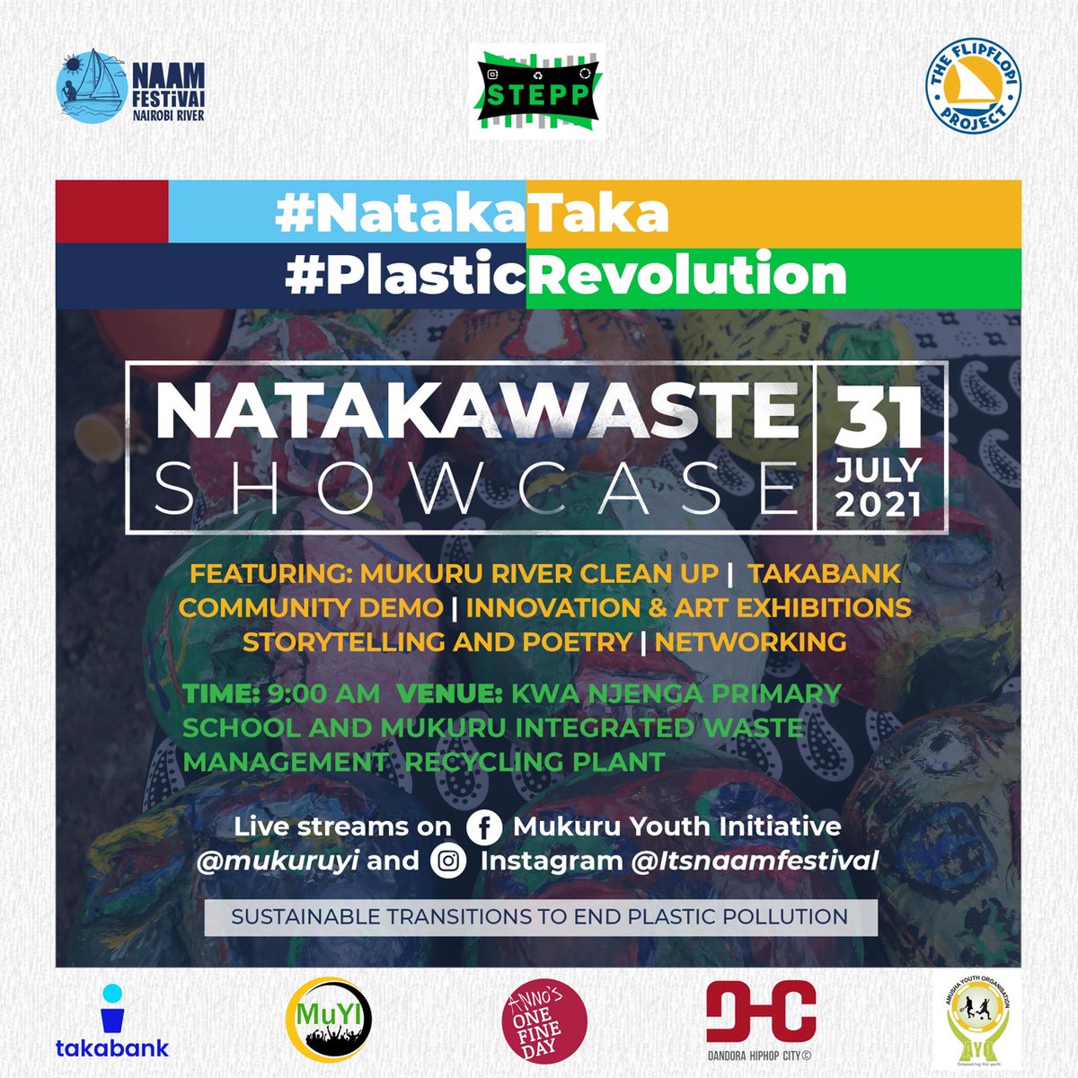 Join us tomorrow as from 9am, you don't have to miss this art exhibition, Segregation demos and community clean up. @theflipflopi @JulianiKenya @ItsNaamfest @mukuruYI @NMS_Kenya @KitBaha @Anamidaudi @MukuruSPA
 #NatakaTaka
#PlasticRevolution