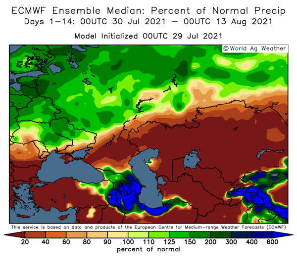 Hot (+30+36С) and dry weather is going on the South of Russia. Wheat harvesting is almost done, but corn will get damage.
