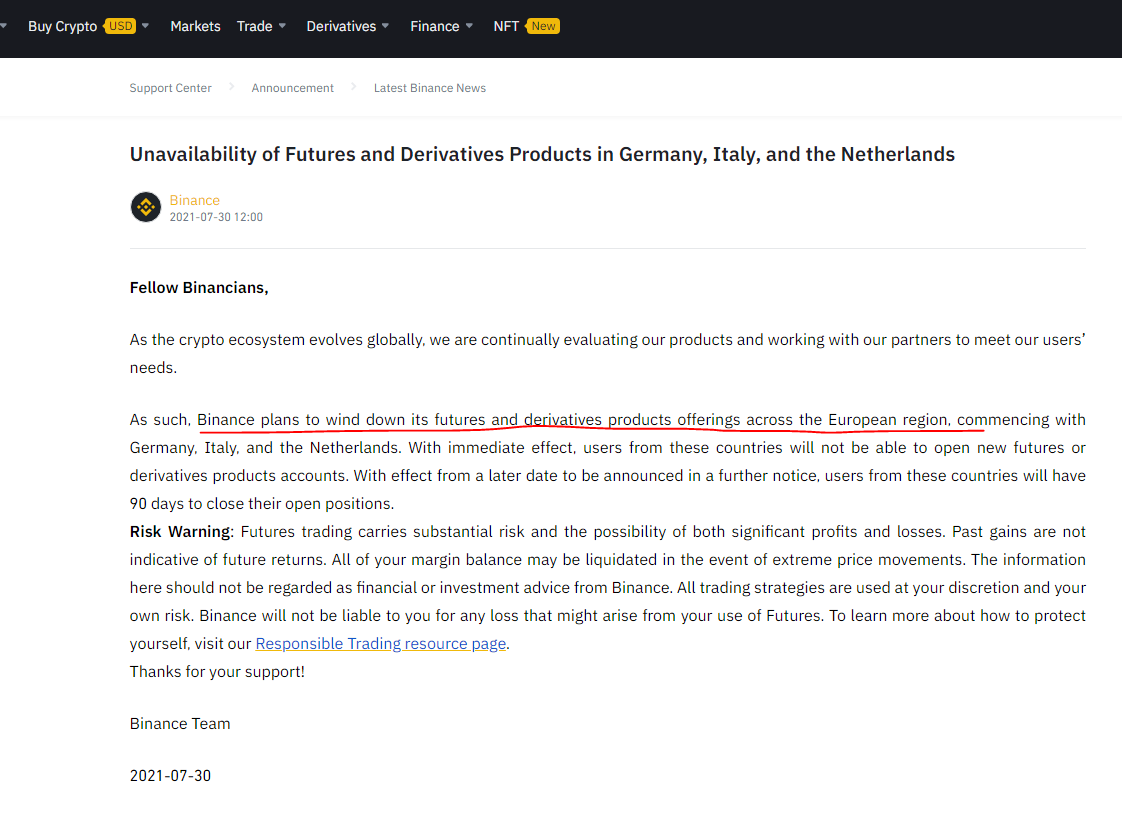 OMG... This is Big!!!
#Binance is closing its Futures and derivatives across Europe starting with Germany, italy and NL !!!!