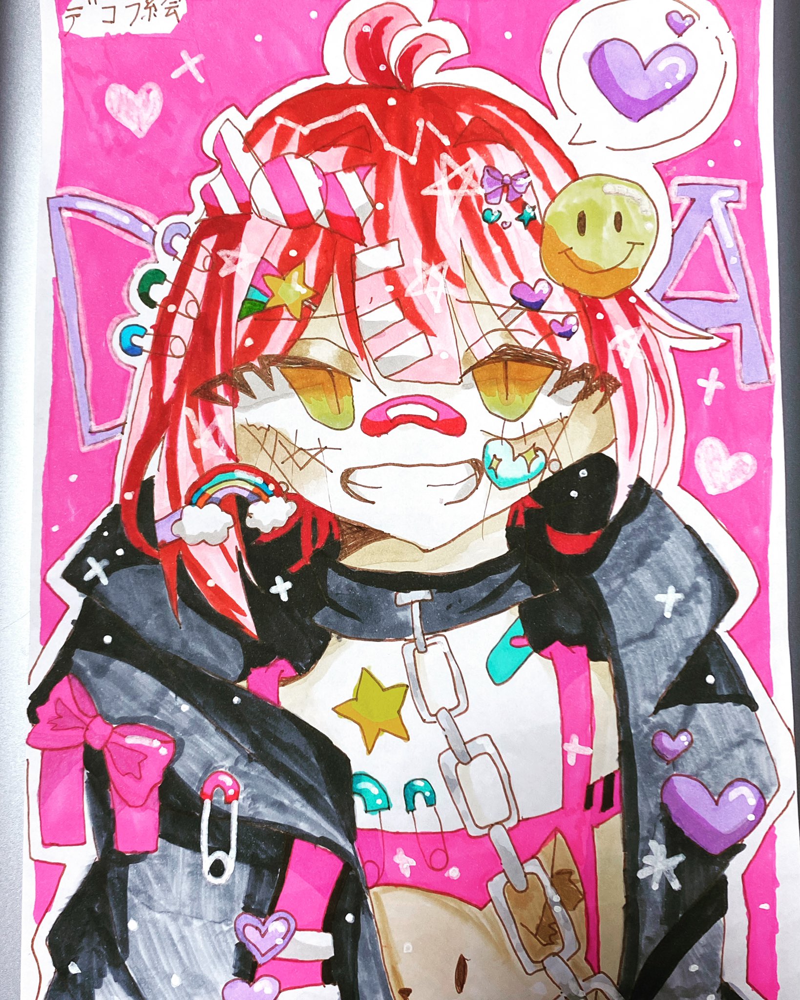 Twitter 上的 あーこ アンジュ Pop イラスト イラストグラム 女の子イラスト ガールズイラスト デコラ絵 カラフル 原宿系 夢かわいい デコラ ヘアピン 病みかわいい 蛍光ピンク 小5 小学生 小学生イラストレーター ジュニアイラストレーター イラスト