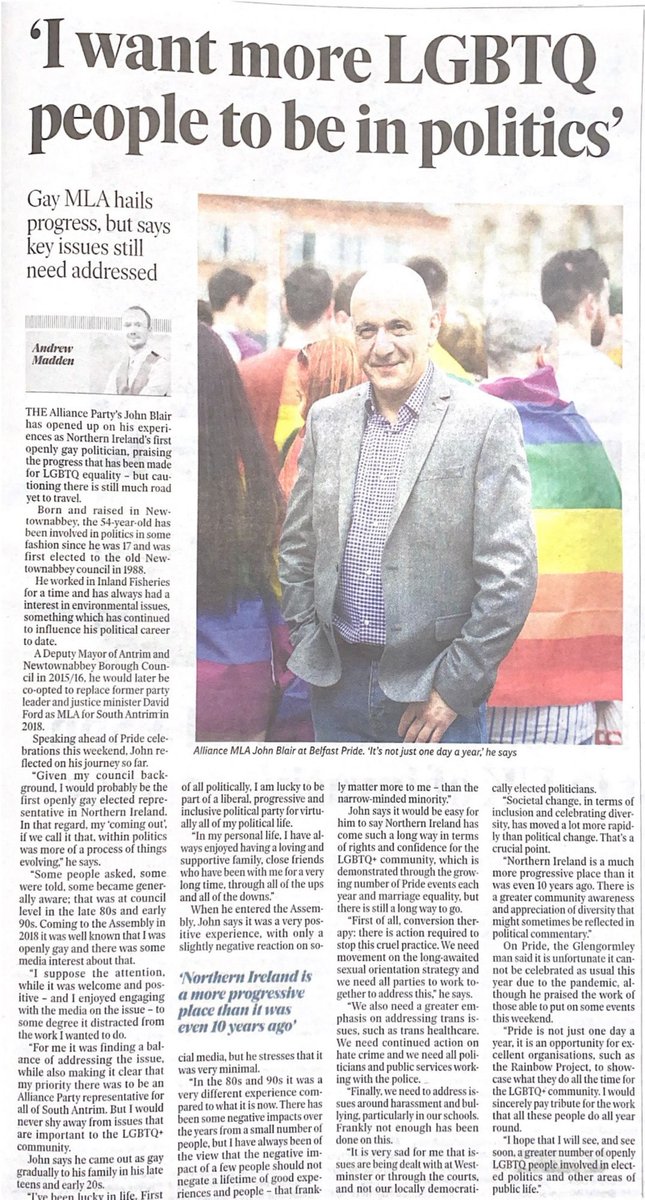 allianceparty's tweet photo. As we approach the conclusion of Pride Week 2021, Alliance’s @JohnBlairMLA talks in today’s @BelTel about his hope to see a greater number of openly LGBTQ people involved in elected politics ⤵️ https://t.co/NgXtUO0TFn