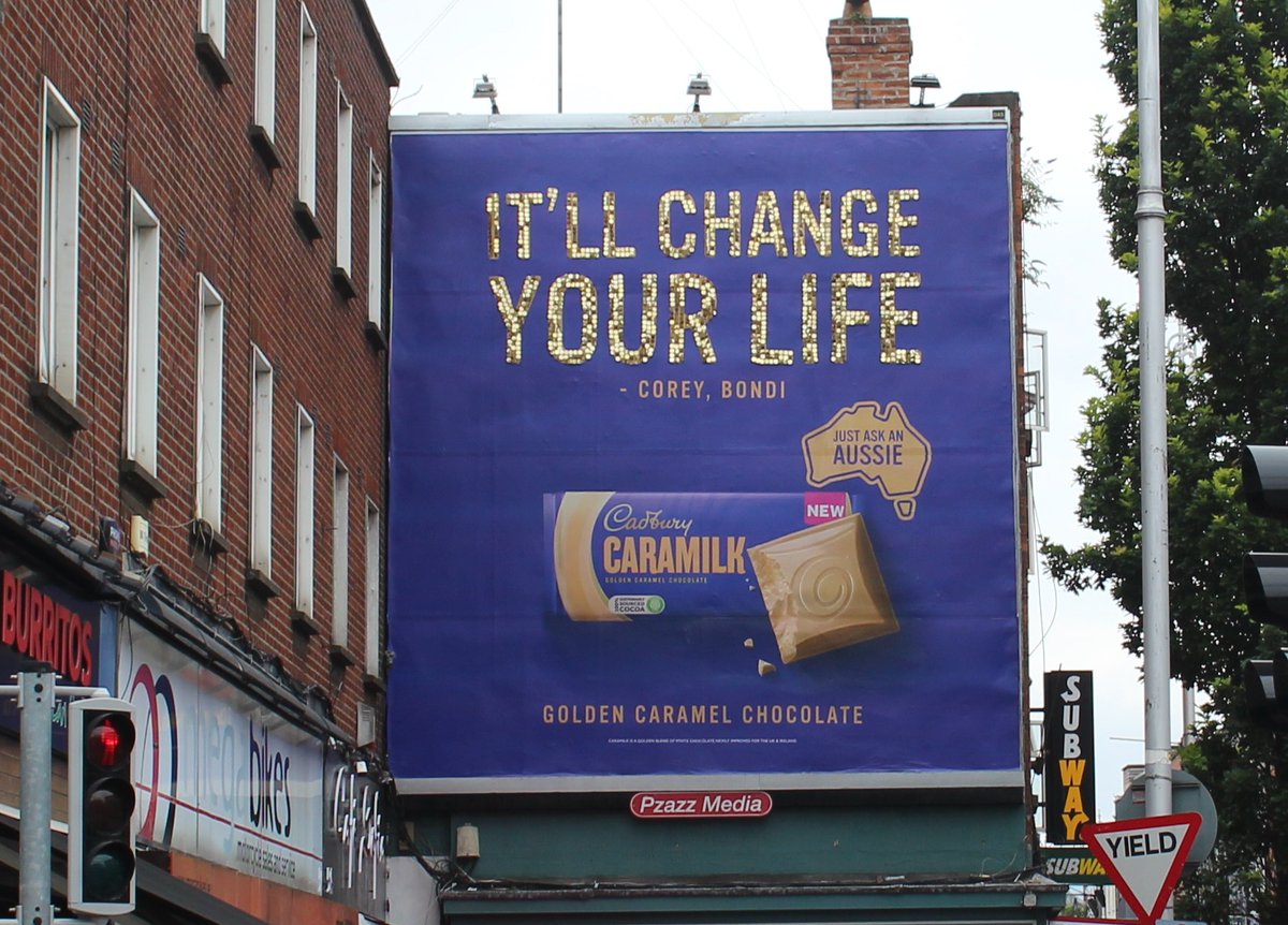 PMLGroup's tweet photo. Special #OOH for a special bar. @CadburyIreland Caramilk making its mark this week.  @CaratIreland #OOH #Spangley https://t.co/Qc7unZSoFO