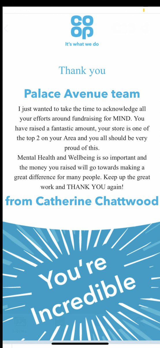 KeithRodaway's tweet photo. Thank you ⁦@CatherineChatt⁩ for the acknowledgment of ⁦the wonderful team @coopuk⁩ Palace Avenues efforts in raising money for ⁦@MindCharity⁩ 👏👏👏👏👏 https://t.co/Mkrmk025gC
