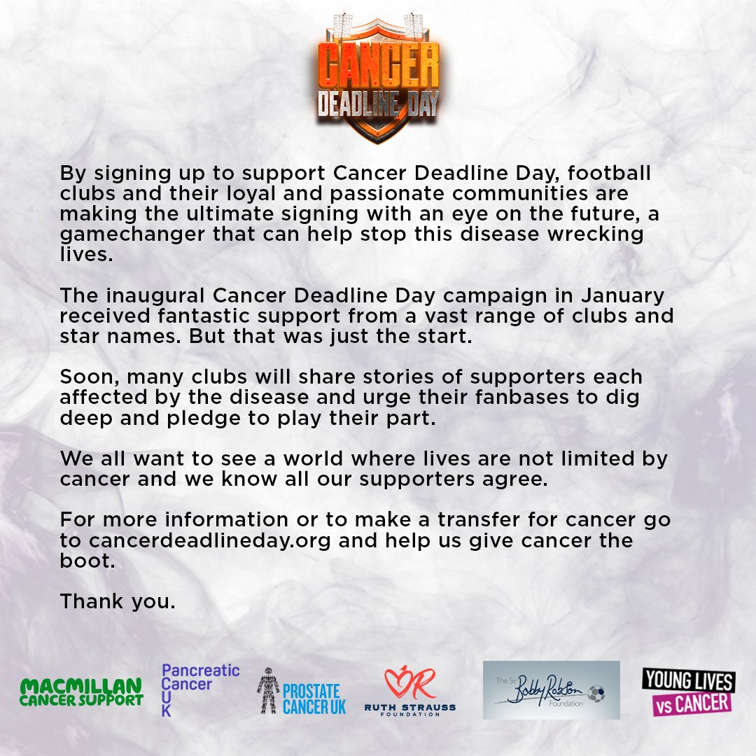 CancerDeadline's tweet photo. 🚨 #CancerDeadlineDay is BACK 🚨

This transfer window, we're calling on football fans, players, clubs and legends to support 6️⃣ amazing cancer charities

As part of the campaign launch, please read our open letter below 🙌

For more ➡️ https://t.co/mmedF21sI7 https://t.co/IBG5B8npEs