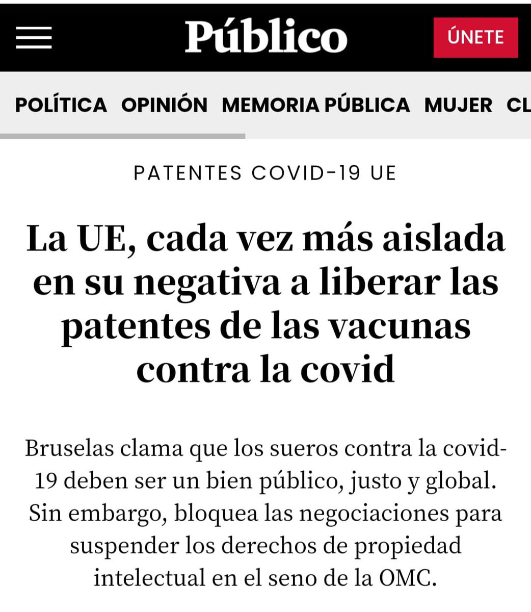 La UE🇪🇺 clama que las #VacunasCovid deben ser un bien público, justo y global. Sin embargo, sigue bloqueando las negociaciones para liberar las patentes.

Las vacunas no pueden ser un privilegio.
👉 FIRMA para pedir a la UE #VacunasCovidLibres #TRIPSWaiver
bit.ly/vacunascovidli…