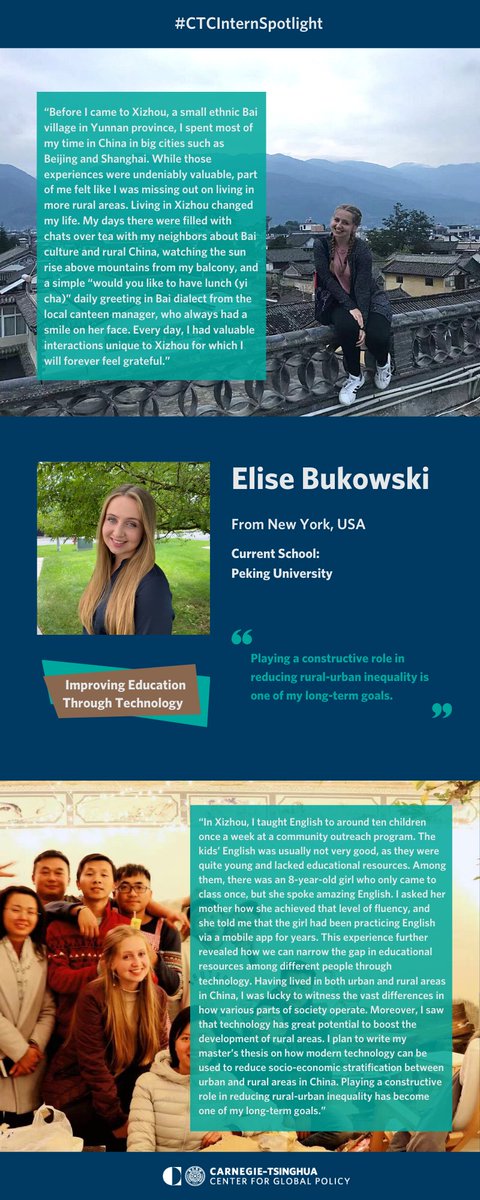 CarnegieChina's tweet photo. 🌟 | #CTCInternSpotlight: Elise Bukowski
@elisebukows1, a Summer 2021 Carnegie–Tsinghua Young Ambassador on the communications team, talks about living in a small ethnic Bai village in China, and why she thinks technology can play a central role in social development. https://t.co/QmtRaW5WL4