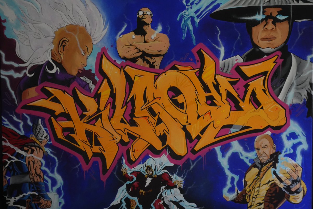 Check it out! <a href="/SagesBeard/">SagesBeard</a> worked his magic and painted this dope piece that will be hanging behind me from now on while I stream. My love of games, hip hop and comics all rolled into one! Pics don’t do it justice. 

#graffitiart #gamer #hiphophead #comics #streamer #johnnyohm