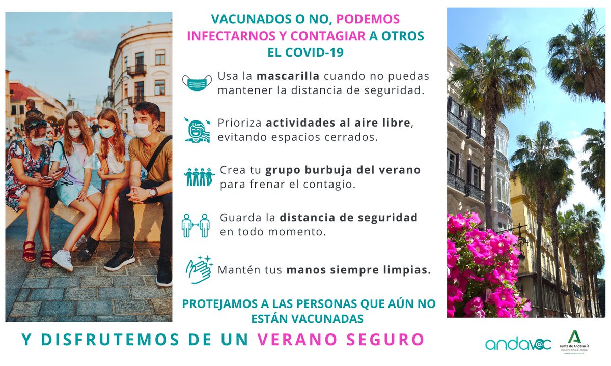 🌞😷Vacunados o no, podemos infectarnos y contagiar el #COVID19 a otras personas. 

Recuerda: 

✅Uso de mascarilla
✅Actividades al aire libre
✅Grupo burbuja
✅Distancia de seguridad
✅Higiene de manos

¡Disfrutemos de un #VeranoSeguro!
