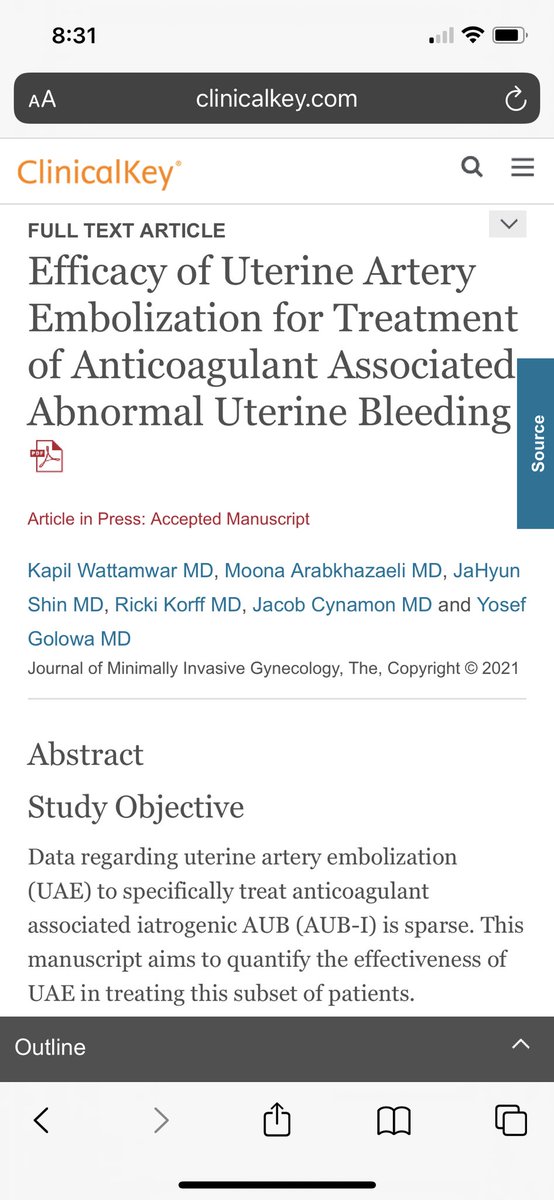 rickigottlieb's tweet image. In press! UAE as a tool to treat patients with anticoagulation associated abnormal uterine bleeding: “After UAE, 21 patients (88%) experienced substantial improvement or resolution of AUB and continued anticoagulation therapy.” @kapwatt @joeygolow @JacobCynamon