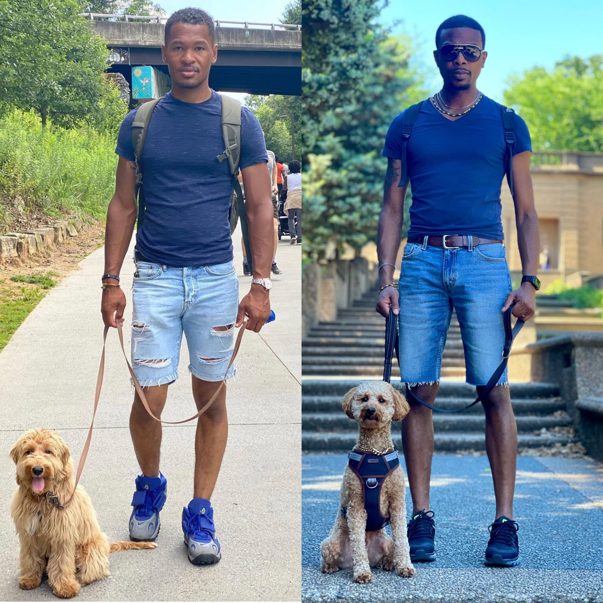 So I am scrolling through Social Media and I run across the pic on the left. I don’t know this person. We literally took the same picture 😱 #howironic #weird #2Bracelets #NikeShoes #Watch #backpack #cutoffshorts #DoggyLeash #GoldenDoggy