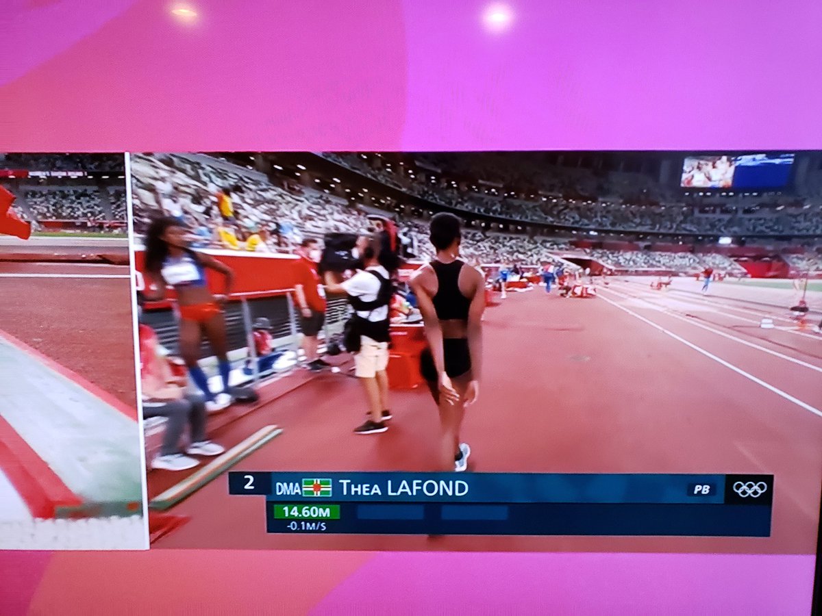 Mocorunning's tweet photo. One jump and she is done ✔. Former Kennedy High School athlete Thea LaFond set a new lifetime best 14.60m (47-10.75) to automatically advance to the Olympics triple jump final. https://t.co/cifzYx7pTQ