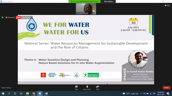 school_waterCSE's tweet photo. @skrohillacse speaking as #keySpeaker in #WebinarSeries: #WRM for #SustainableDevelopment &amp; role of #citizens organised by @WeForWater @DAperspectives under the theme #WSUDP- #NatureBasedSolutions for In-situ #WaterAugmentation. @CSEINDIA https://t.co/E48mbd2rSf