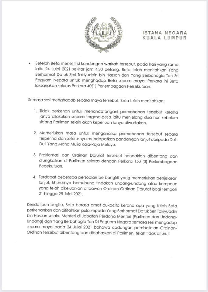 jezlai's tweet photo. @501Awani INI KAH Warkah berkaitan penamatan Ordinan Darurat dari AGONG kpd AG &amp; TAKI?
Dalam warkah itu, Al-Sultan Abdullah bertitah Menteri di Jabatan Perdana Menteri (Undang-undang dan Parlimen) &amp;Peguam Negara,menghadap Baginda secara maya pada 24 Julai lepas. https://t.co/qbyKVnehaA