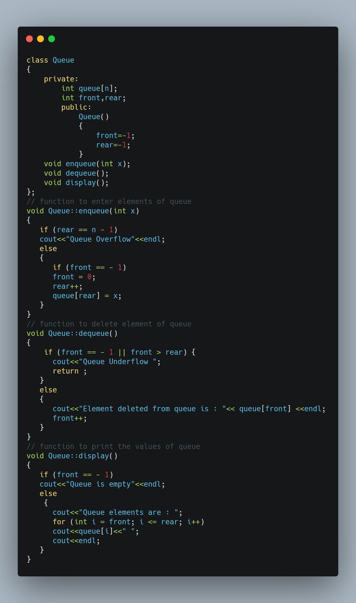 RajpootMuddasir's tweet image. Day 11 : Data Structure &amp;amp; Algorithms
We can Implement queue through array by following line of codes
#100DaysOfCode #freecodecamps
#DEVCommunity #womenwhocode
#CodeNewbie #DSAI4PM