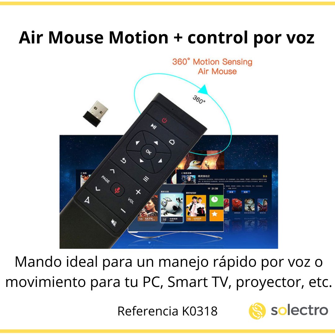solectroshop's tweet photo. Un invento genial para tu Smart TV:
➡️Mando a distancia #MT12 #AirMotion con control por voz, ratón y giroscopio

☀️Sácale el máximo partido a tu televisión, proyector, PC o consola con este ratón inalámbrico en forma de mando

➡️https://t.co/clAizbjWKN
#mandobluetooth #airmouse https://t.co/gyc6jo9tFR