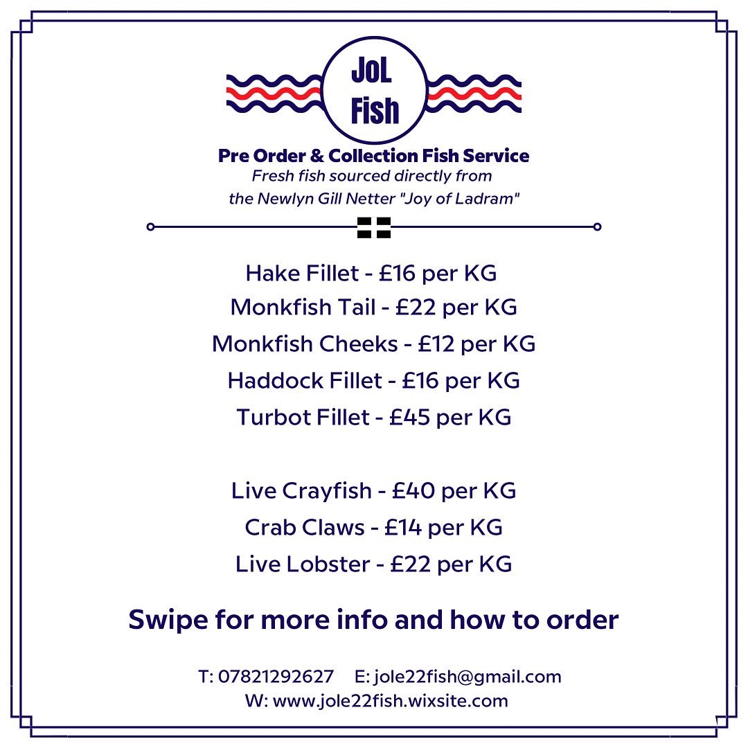 JolFish's tweet image. Open for orders!
CADGWITH collection Saturday 7th August, NEWLYN collection Sunday 8th August or contact to arrange delivery.
#EatMoreFish #newlyn #fish #fishingboat #freshfish