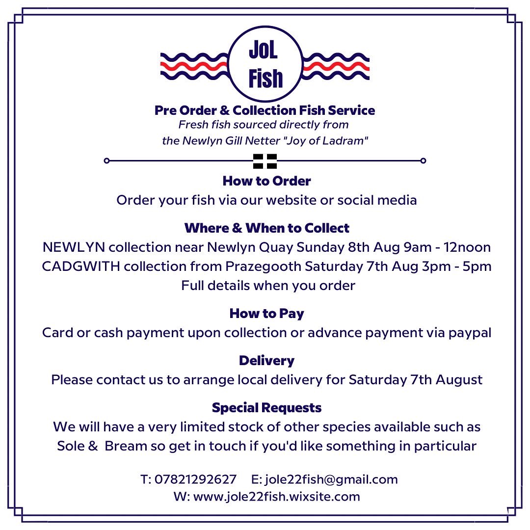 JolFish's tweet image. Open for orders!
CADGWITH collection Saturday 7th August, NEWLYN collection Sunday 8th August or contact to arrange delivery.
#EatMoreFish #newlyn #fish #fishingboat #freshfish
