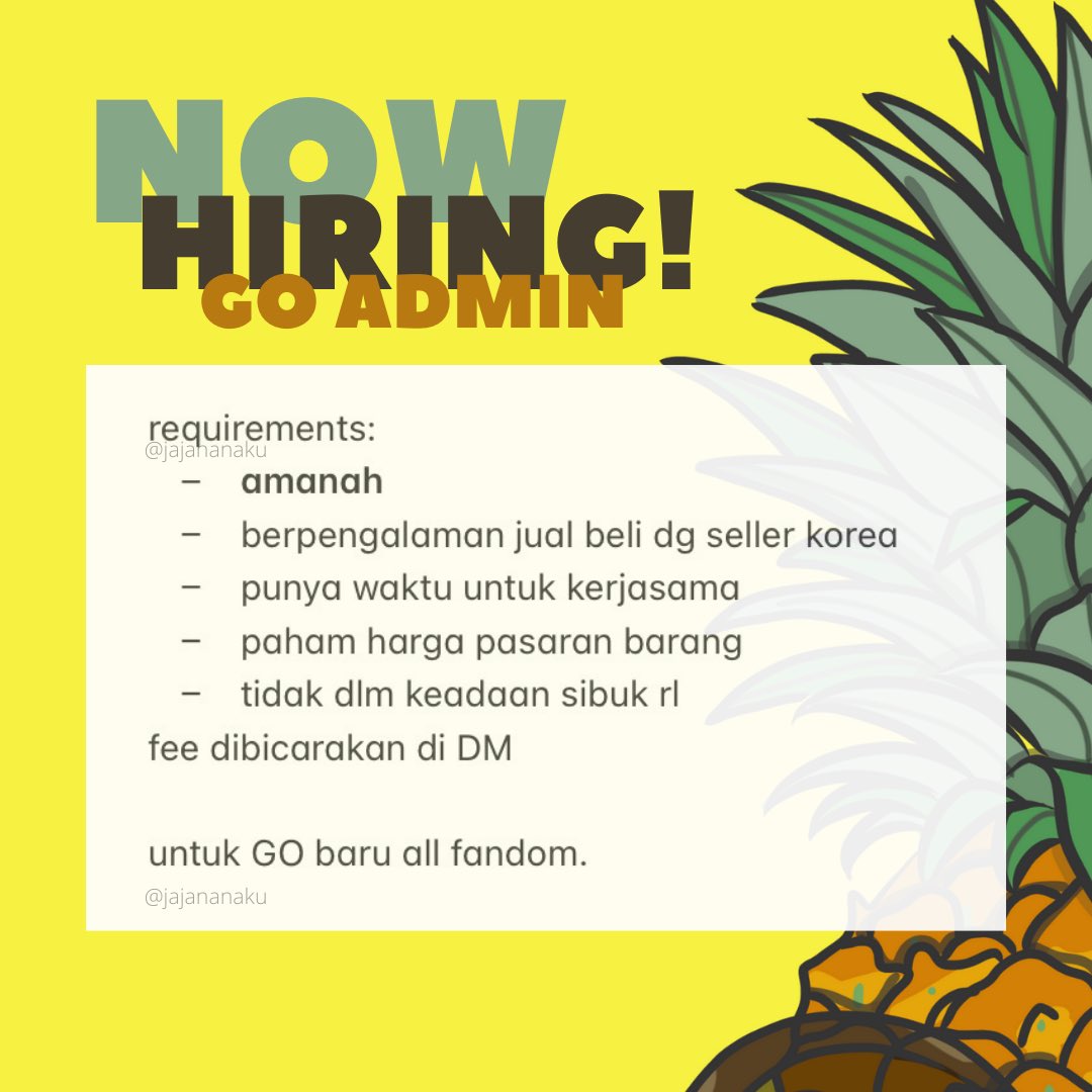 jajananaku's tweet image. ✨JAJANAN AKU HIRING ADMIN✨

bagi yg punya pengalaman dan mau belajar kerjasama, silahkan DM ya. open hiring sampai sabtu, 31 juli 2021. tia!

#goadmin #admin #hiring #allfandom #GO #INAGO