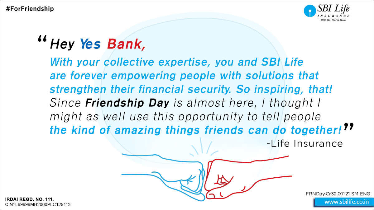 SBILife's tweet image. Hey @YESBANK, here’s to our common goal of a financially secured India. Happy #FriendshipDay in advance dear friend and partner. #ForFriendship