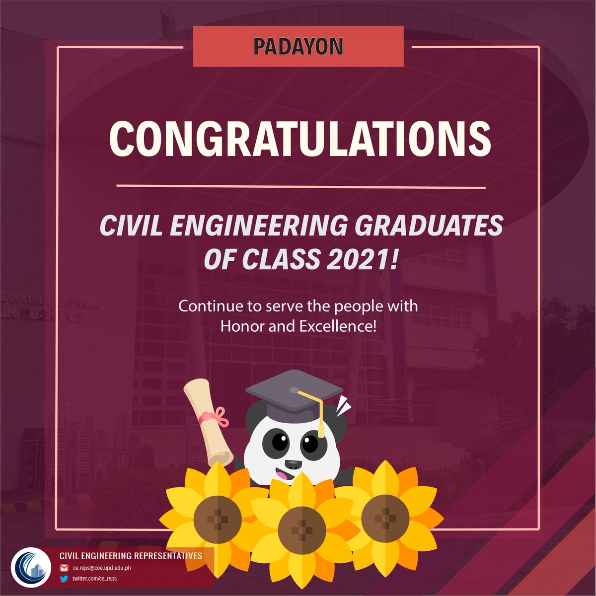 ce_reps's tweet photo. Padayon, graduates of Class 2021!
The future awaits – and oh, how bright it is.
Best of luck in your future endeavors, and ace the boards!
Answer our graduation bash sensing form, and what ICE Merchandise you'd like to buy here:
https://t.co/R99zeHgr3T
#BuiltToCErve https://t.co/gXvdZw059W