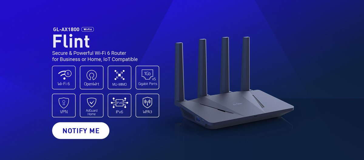 GLiNetWiFi's tweet image. 📣 Our first #WiFi6 Router - Flint (GL-AX1800) is coming soon!

It is a dual-band home router with up to 1800Mbps connection speed.

Sign up now to get the latest pre-order update! ➡️ bit.ly/3lcHxkY

Learn more about Flint ➡️ bit.ly/3zPvQol

#HomeRouter #OpenWrt