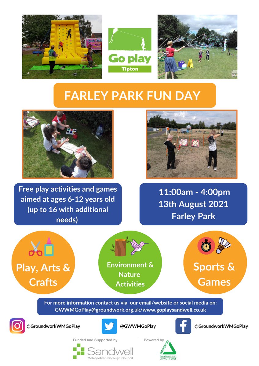 GWWMgoplay's tweet photo. PEOPLE OF TIPTON: Farley Park Fun Day will be happening on Friday 13th August. All activities will be free of charge.
Don't forget to #lookfortheorange
#tipton
#funday
#goplaysandwell https://t.co/UtAIulF5lP