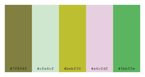 ColPaletteBot's tweet photo. Beep beep, here's a pretty color palette for you!
color-scheme.js parameters used:
- hue: 331
- variation: pastel
- colors: #7f8040, #cfe6cf, #bebf30, #e6cfdf, #5bb55e
Have a lovely day!
#twitterbot #colorpalette #colors #palette #prettycolors https://t.co/xPSMEpf67z