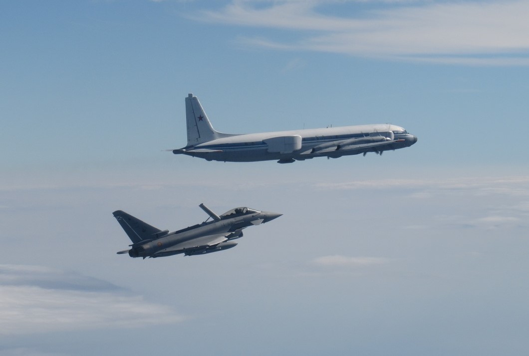 A Spanish Eurofighter intercepts a Russian IL-22 PP MUTE on 29 July 21. The Russian IL-22 PP MUTE is a specialized electronic warfare aircraft.
