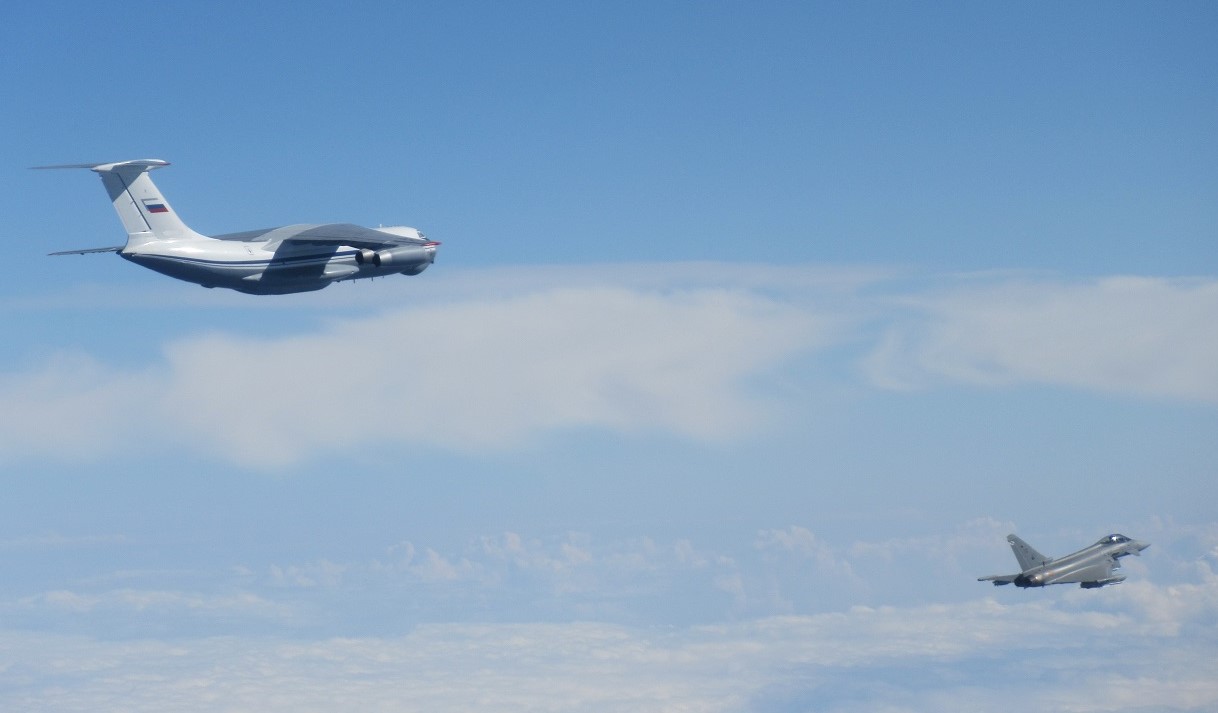 A Spanish Eurofighter intercepts a Russian IL-22 PP MUTE on 29 July 21. The Russian IL-22 PP MUTE is a specialized electronic warfare aircraft.