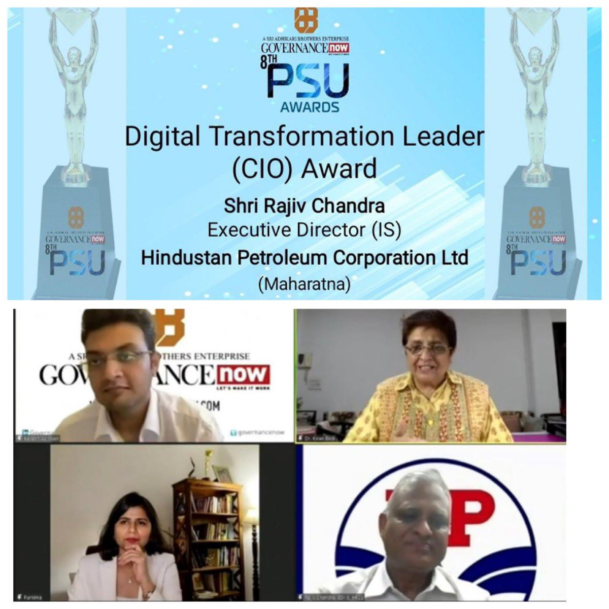 HPCL's tweet photo. ED-Information Systems #HPCL Sh. Rajiv Chandra was conferred with Digital Transformation Leader (CIO) award at 8th PSU Awards by Governance Now, during a virtual ceremony, from Dr. Kiran Bedi (IPS), Former Lt. Governor of Puducherry.
#PSUAwards2021 https://t.co/NY9NZW704W