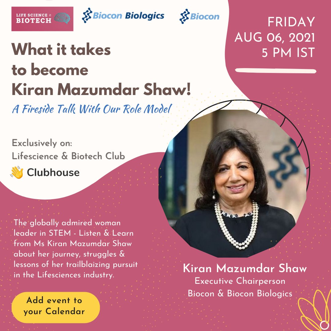 JustScience's tweet photo. Join us as we get candid with our role model, @kiranshaw to listen about her #journey, #struggles  &amp; #lessons of her trailblazing pursuit in the #lifesciences industry.  Get readyyy dor 06.08.21 &amp; Block your calendars NOW! 📌

Event Link: https://t.co/iVbzXySV3E https://t.co/IYvlBVQ9n3