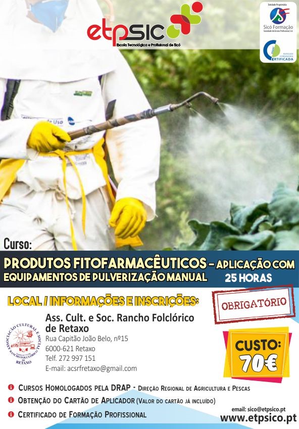 Formação Não Financiada:

- Conduzir e Operar o Trator em Segurança (COTS) | 35 Horas
Local: Avelar 
Inscreva-se em: 
docs.google.com/forms/d/e/1FAI…

- Aplicação com equipamentos de pulverização manual | 25 Horas
Local: Retaxo 
Inscreva-se em: docs.google.com/forms/d/e/1FAI…