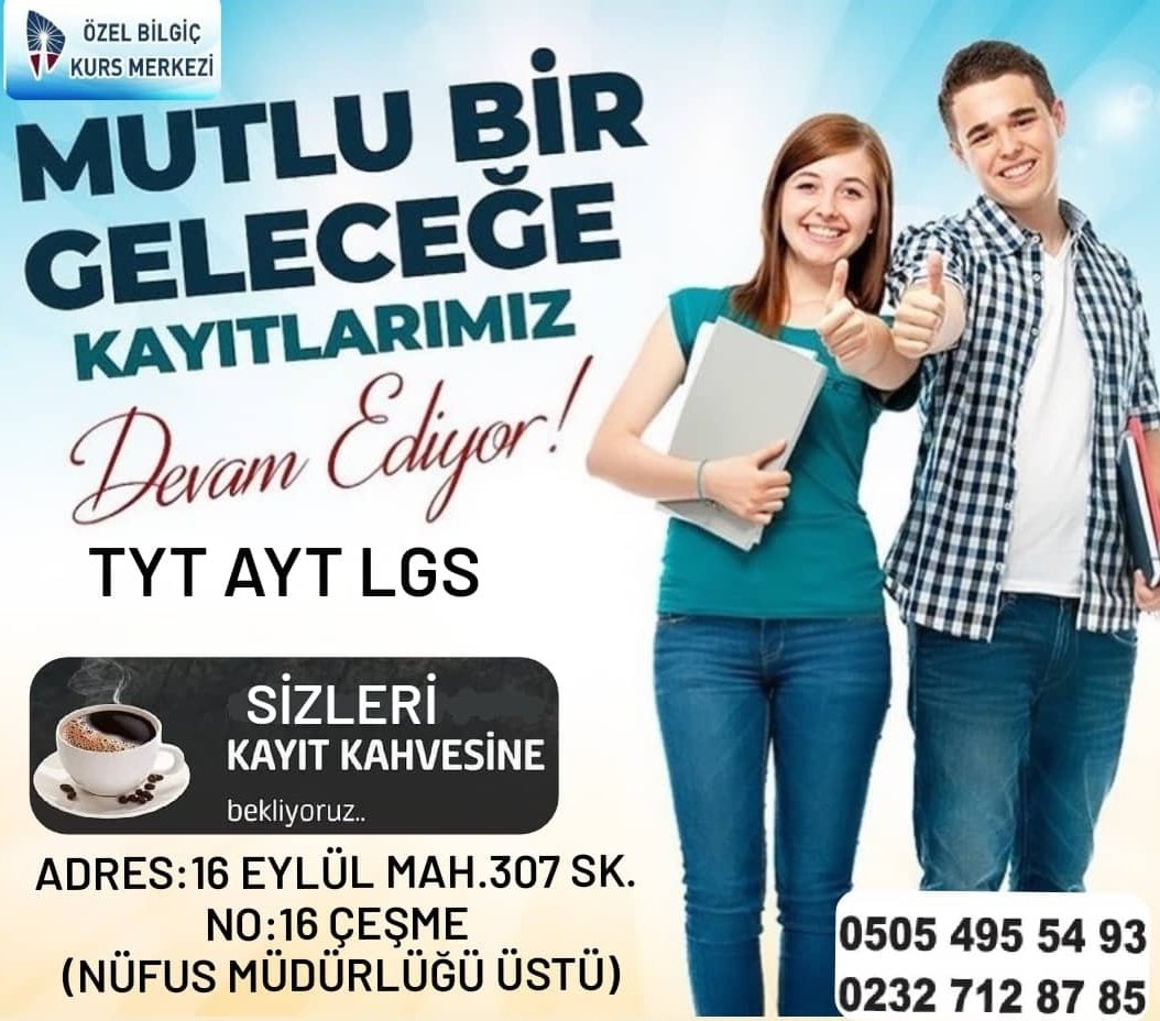 Bilgiç Kurs Merkezinde Yeni 
Dönem Kayıtlar Başladı...

Sende aramıza katılmak ister misin? 

Bilgi ve Randevu için: 0232 712 87 85 
0505 495 54 93
#bilgiçkurs #Tyt  #ayt #Lgs #çeşmedeeğitim #çeşmekurs