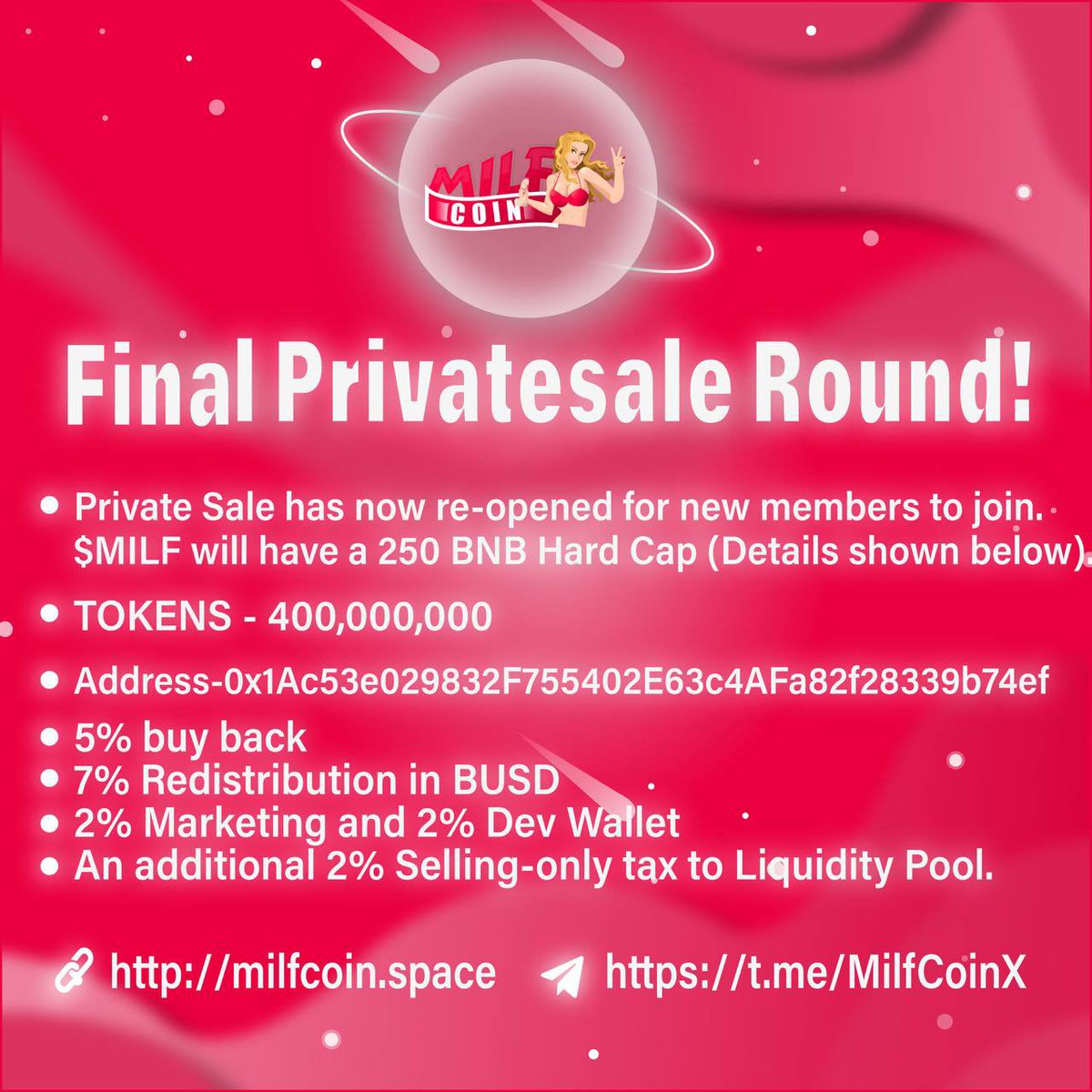 MilfCoinX's tweet photo. @MilfCoinX 
- We at MilfCoin ($MILF) have officially launched a Private Sale 
- Tokens brought in Private Sale give you early access to Tokens on launch 
#BNB #USDtether #altcoins #bitcoin #MilfCoinX https://t.co/lenyZAMcld